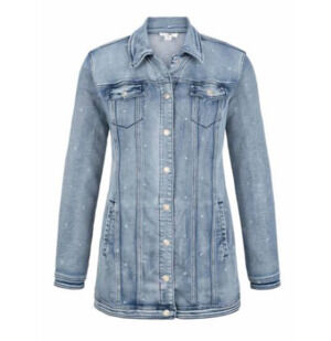 Tribal Jeans Women's Longline Comfort Stretch Denim Jacket in Medium Wash. Snap